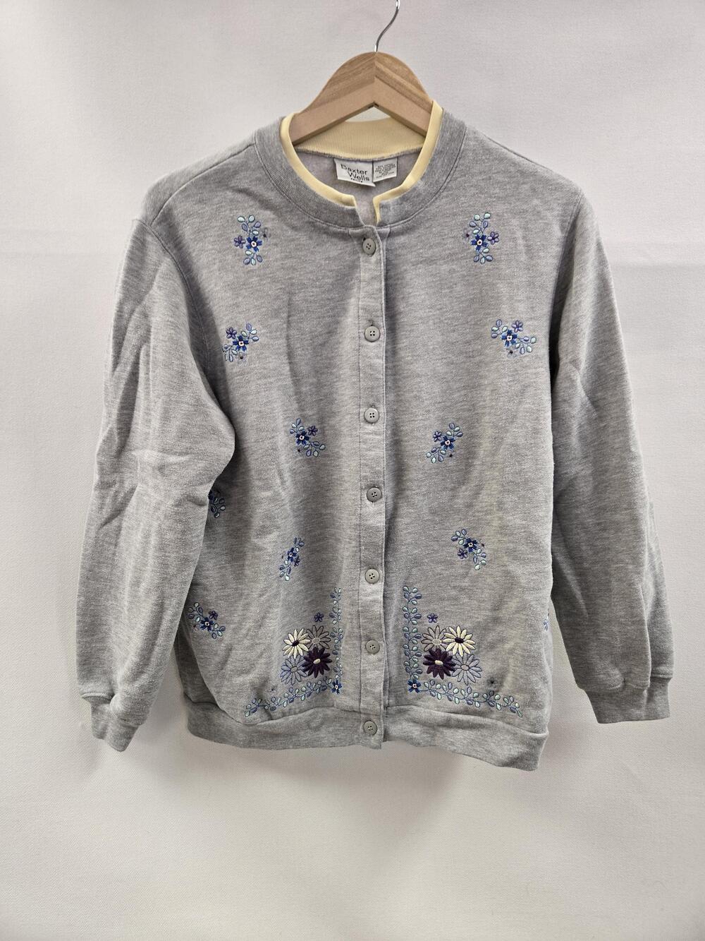 Baxter & Wells Sweater Womens Petite Large Floral Embroidered Button Up Jacket